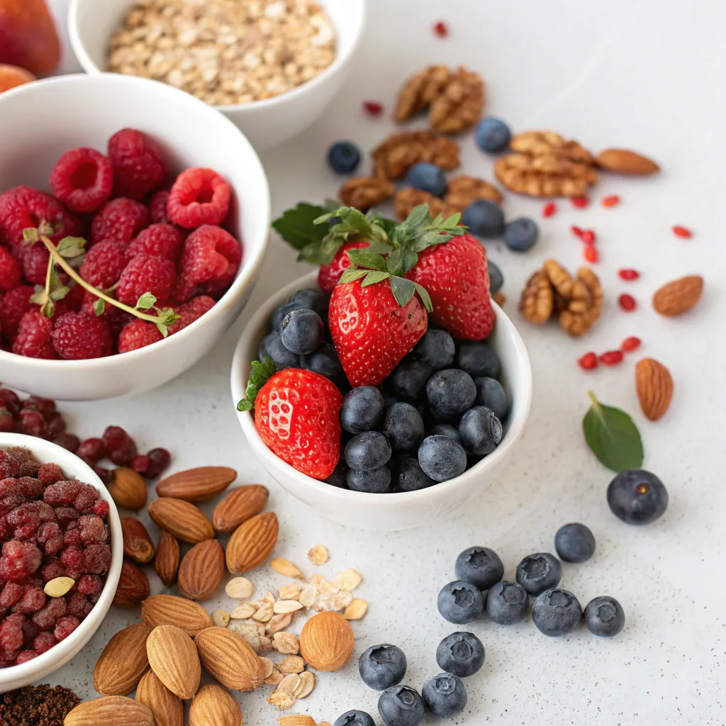 Assorted superfood ingredients including berries and nuts